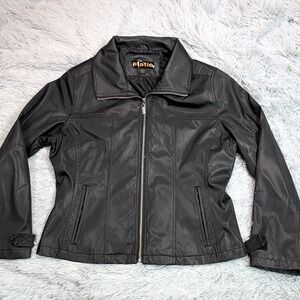 Static‎ Jacket Womens L Black Faux Leather Coat Moto Pockets Zip Up Lightweight